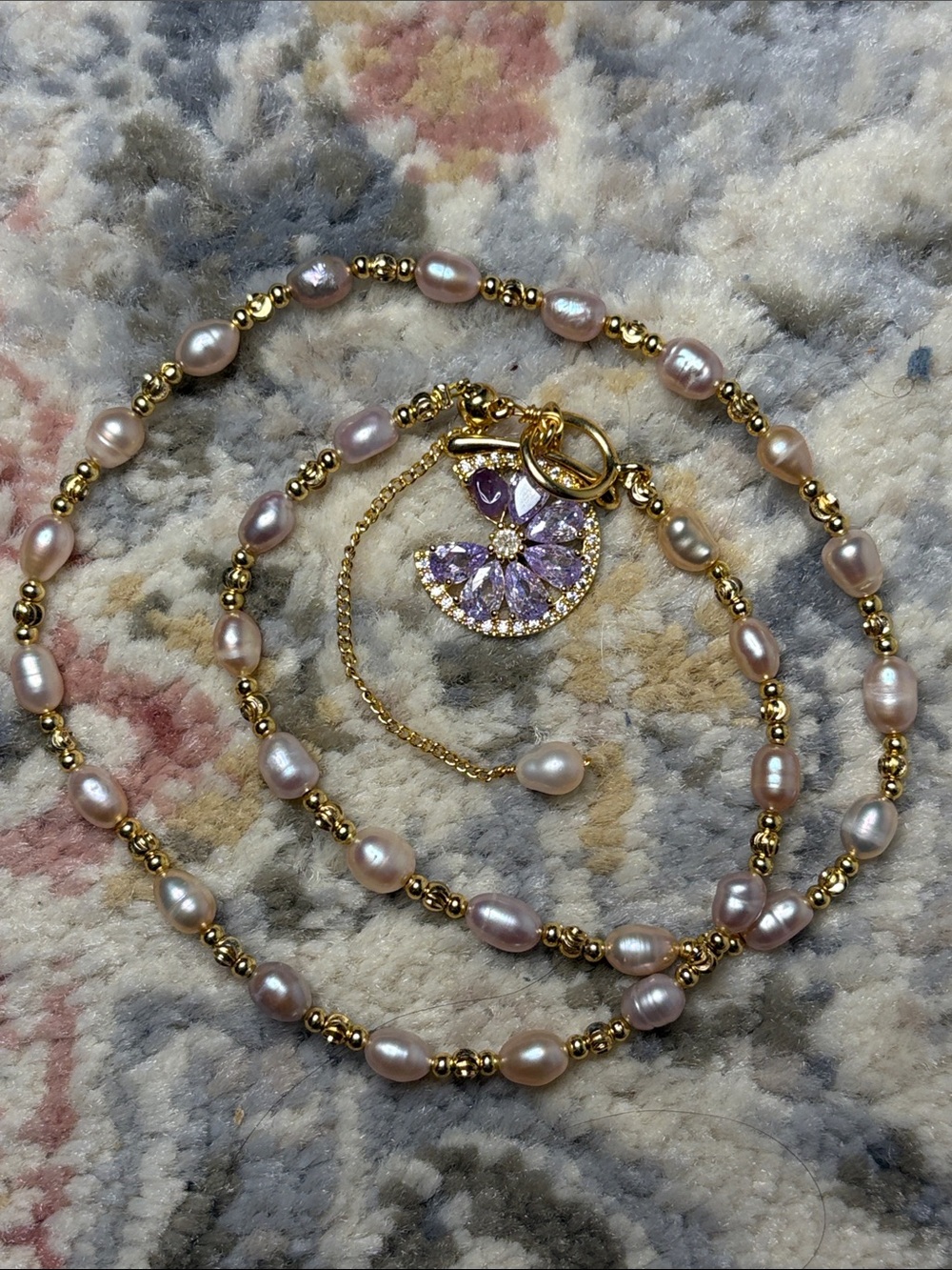 Gold & Lavender Pearl Necklace with Amethyst Pendant - Unbranded